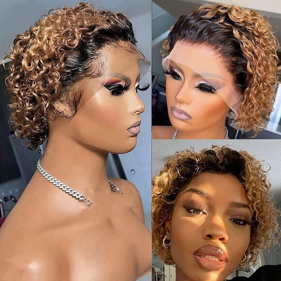Honey Blonde Pixie Cut Wigs Human Hair for Black Women 13X1 Lace Frontal Wigs Sh - Picture 2 of 7